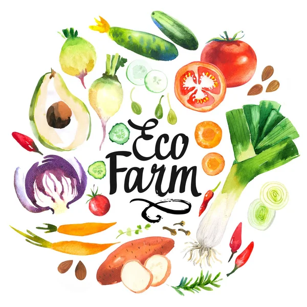 Illustratie met aquarel voedsel. Landbouwmarkt. — Stockfoto