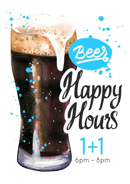 Happy hours poster. Watercolor illustration with glass of stout beer in picturesque style for bar. Drink menu for celebration. Special offer. — Stock Photo, Image