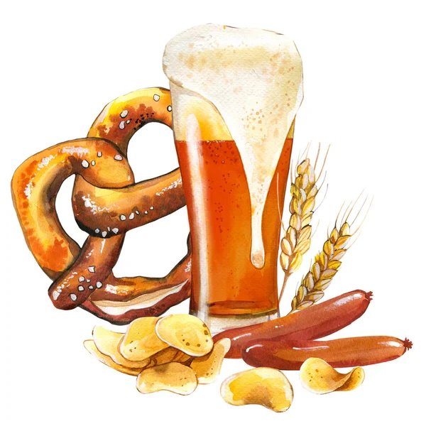 Oktoberfest. Aquarell-Illustration mit Glas Bier und Imbiss: Würstchen, Brezel, Pommes im malerischen Stil für die Bar. Zur Feier gibt es eine Getränkekarte. Bierparty-Plakat. — Stockfoto