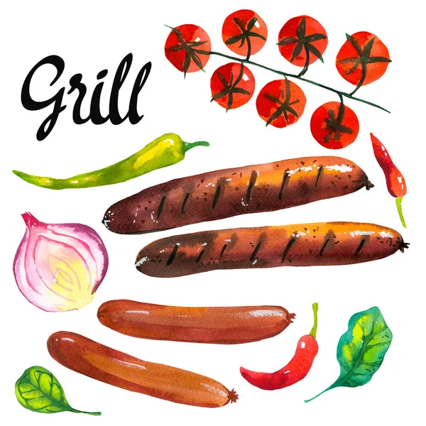 Illustrazione acquerello con cibo griglia. Cipolla, pepe, pomodoro, salsicce . — Foto Stock