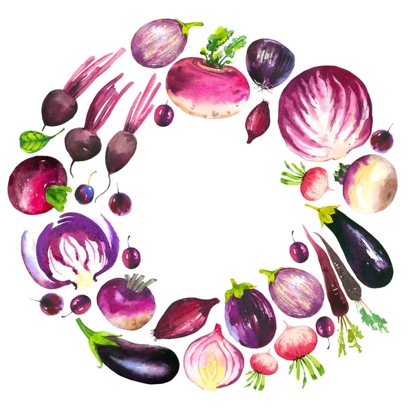 Ilustração aquarela com composição redonda de produtos agrícolas. Conjunto de legumes: repolho, berinjela, nabo, rabanete, cenoura, cebola. Comida orgânica fresca. Violeta.. — Fotografia de Stock