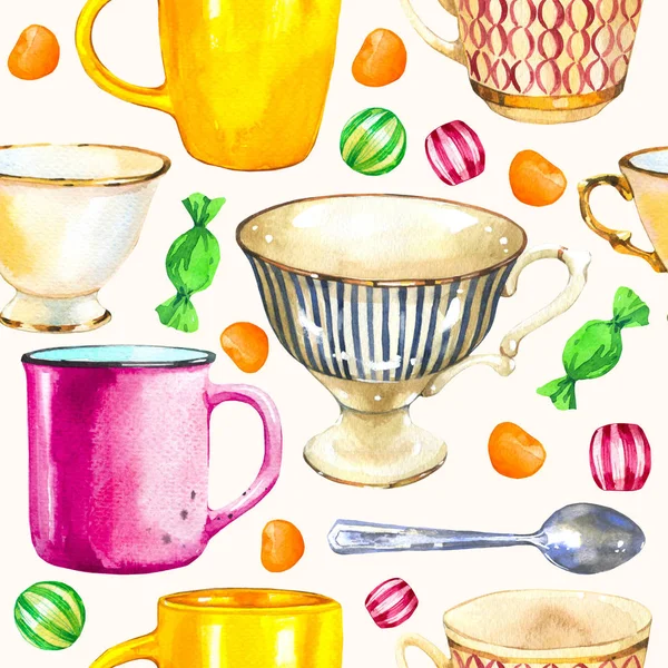 Fond sans couture. Modèle de partie de thé sur blanc. Illustration aquarelle de tasses drôles. Éléments décoratifs avec des boissons chaudes traditionnelles pour votre conception d'emballage. Décor multicolore. — Photo