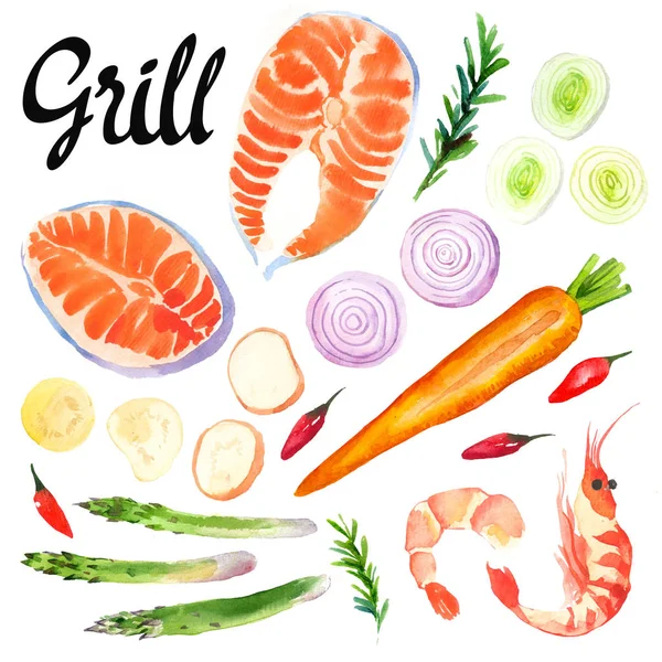 Akvarell Illustration med grill skaldjur. Lök, peppar, fisk, sparris. — Stockfoto