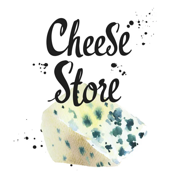 Watercolor illustrations with noble cheeses: blue, roquefort. Snack bar. Farm dairy products. Fresh organic food. — Stock Photo, Image