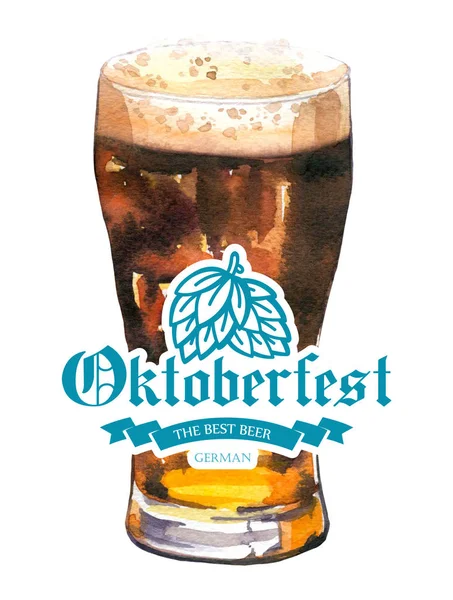 Oktoberfest. Watercolor illustration with glass of stout in picturesque style for bar. Drink menu for celebration. Beer party poster. — Stock Photo, Image