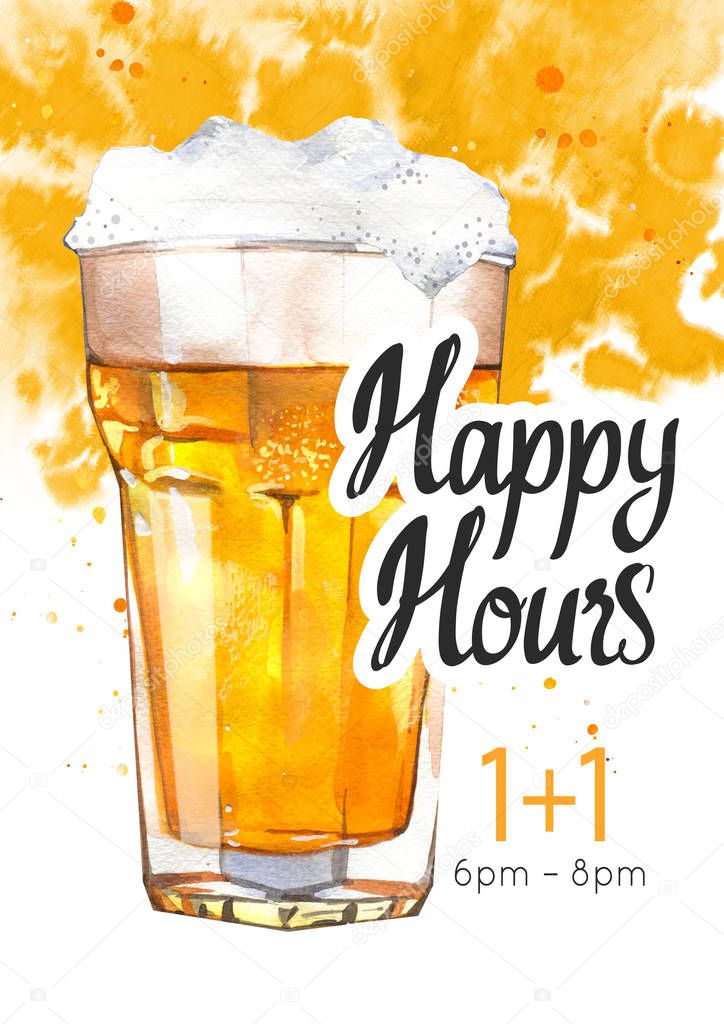Happy hours poster. Watercolor illustration with glass of lager beer in picturesque style for bar. Drink menu for celebration. Special offer.