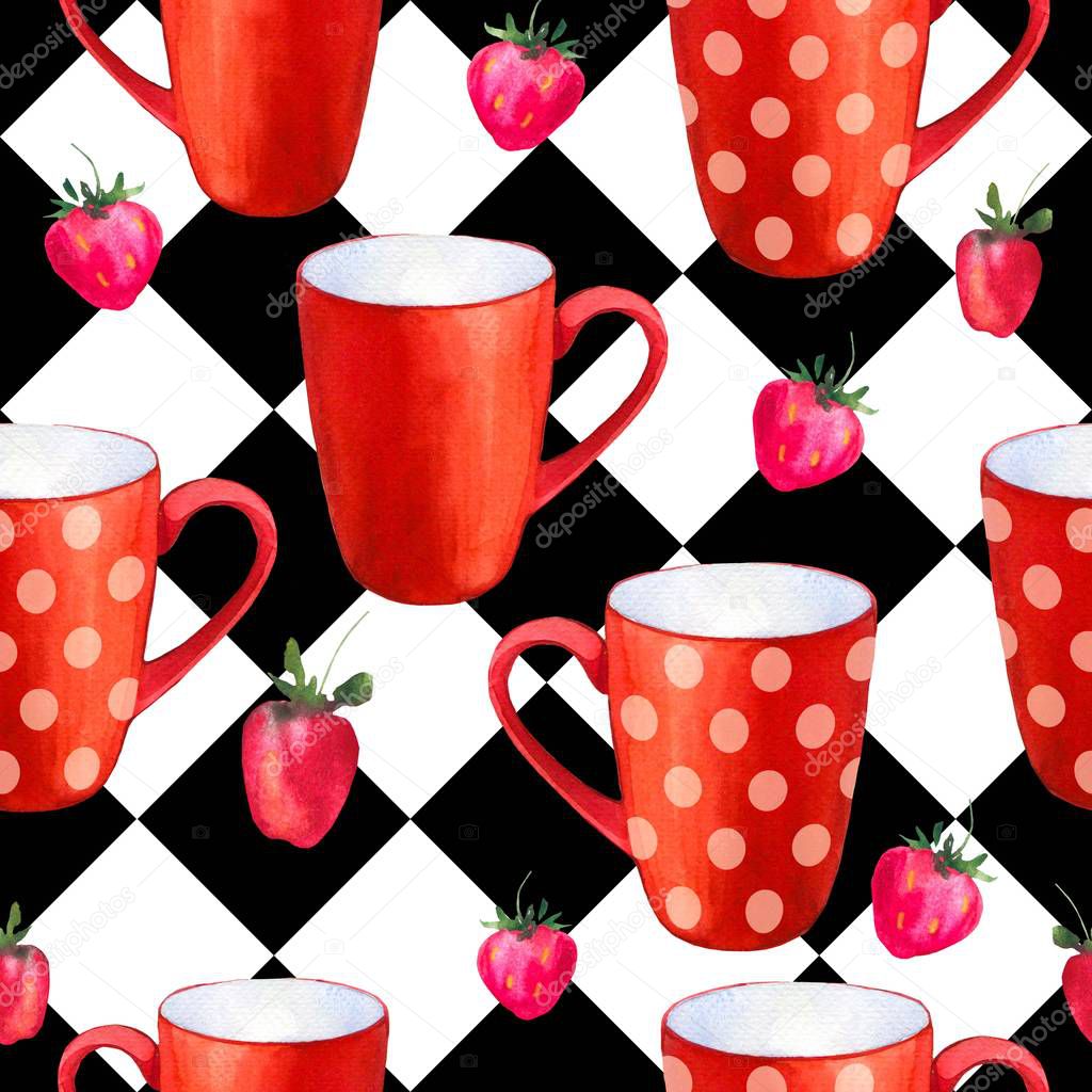 Seamless background. Tea party pattern on black and white. Watercolor illustration of funny red cups. Decorative elements with traditional hot drinks for your packing design. Multicolor decor.