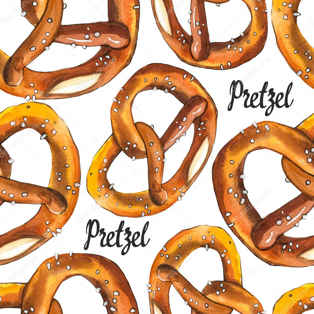 Seamless background with pretzel in watercolor style. Fresh organic products. Illustration hand-drawn pattern on white. Oktoberfest food. Traditional beer snack. Pub menu.