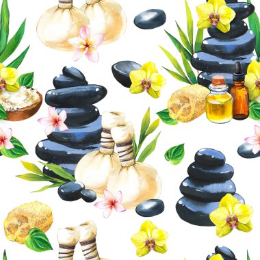 Vücut ve yüz için çeşitli araçlara sahip spa suluboya örnekleri: çiçek, masaj poşetleri, taşlar, yağ, sarı orkide, yapraklı bambu dalı, losyon. Kadınlar için makyaj malzemeleri. Salonda rahatlama