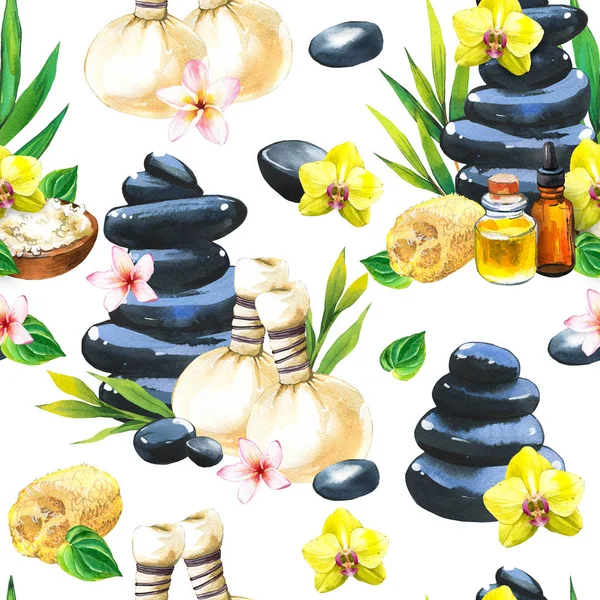 Vücut ve yüz için çeşitli araçlara sahip spa suluboya örnekleri: çiçek, masaj poşetleri, taşlar, yağ, sarı orkide, yapraklı bambu dalı, losyon. Kadınlar için makyaj malzemeleri. Salonda rahatlama — Stok fotoğraf
