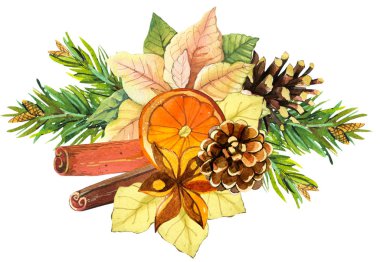 Güzel suluboya çelenk ve başlık beyaz arka planda çiçekler, portakal dilimi, çam kozalakları, sinamon, poinsettia ve çam. Mutlu Noeller..