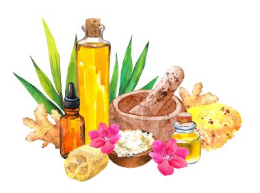 Vücut ve yüz için çeşitli araçlara sahip spa suluboya örnekleri: çiçek, yağ, sünger, tuzlu kase, orkide, yapraklı bambu dalı, losyon. Kadınlar için makyaj malzemeleri. Salonda rahatlama