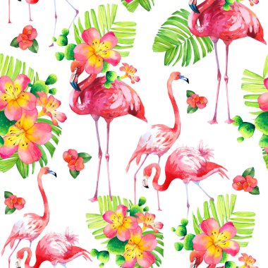 Beyaz arkaplanda sulu boya deseni var. Pembe flamingo ve tropikal bitkilerle illüstrasyon. Cennet kuşu.