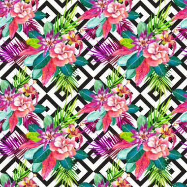Egzotik el desensiz çizilmiş. Eşkenar dörtgen arkaplan renk çizimi üzerinde tropik çiçekler. Hibiscus, palmiye yapraklı güller suluboya desenli. Botanik ambalaj kağıdı, duvar kağıdı tasarımı
