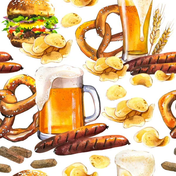 Nahtloser Hintergrund mit Bier und Snacks im Aquarell-Stil. Illustration handgezeichnetes Muster auf weiß. Traditionelles Oktoberfest-Essen. Wirtshauskarte. — Stockfoto