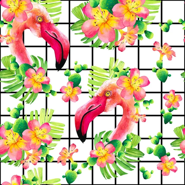 Акварельний безшовний візерунок на чорно-білому тлі. Ілюстрація з рожевим фламінго і тропічними рослинами. Райський птах . — стокове фото