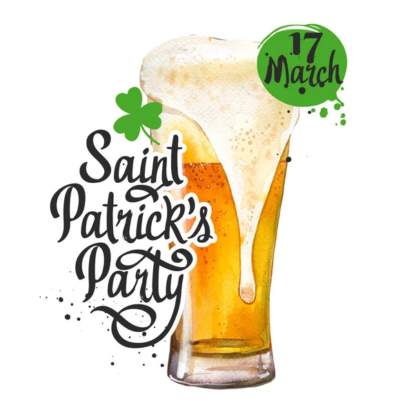 St. Patrick's Day. Glas bier in aquarel stijl. Illustratie met glas en gefeliciteerd. Drink menu voor viering — Stockfoto