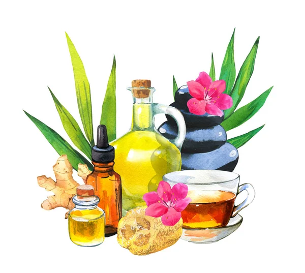 SPA watercolor illustrations with a variety of means for body and face: flower, stones, oil, sponge, bowl with salt, orchid, bamboo branch with leaves, lotion. Cosmetics for woman. Relaxation in salon