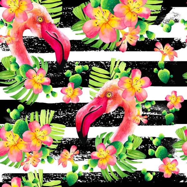 줄무늬 배경에 수채화 원활한 패턴. 분홍색 플라밍고와 열대 식물이있는 일러스트레이션. 파라다이스 버드. — 스톡 사진