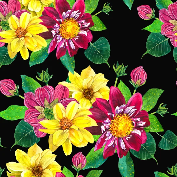 Kvetoucí dahlias akvarel bezešvný vzor. Žlutá, fialová Georgina na černém pozadí. Květiny kvetou, pupeny a listy s akvarelovou strukturou. Květinový balicí papír, tapety design — Stock fotografie
