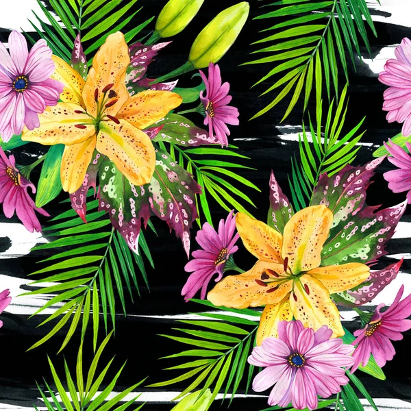 Sömlöst mönster med exotisk bukett. Akvarell illustration av gul lilja, rosa aster blommig skiss. Tropisk blomma med realistiska palmblad, blommor på grunge svart bläck fläckar bakgrund — Stockfoto