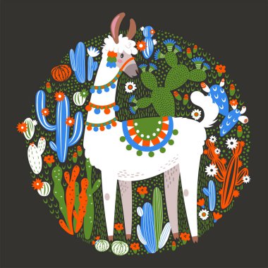 Lama ve kaktüs bitkileriyle illüstrasyon. Botanik arka planda vektör kusursuz desen. Alpaca ile tebrik kartı. Siyah üzerine yuvarlak kompozisyon.