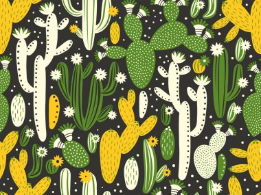 Siyah zemin üzerinde kaktüs olan kusursuz bir şekil. Yaz bitkileri, çiçekler ve yapraklar. Doğal parlak çiçekli tasarım. Botanik illüstrasyon.