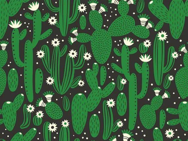 Vektornahtloses Muster mit Kaktus auf schwarzem Hintergrund. Sommerpflanzen, Blumen und Blätter. Natürliches florales helles Design. Botanische Illustration. — Stockvektor