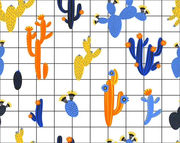 Motif vectoriel sans couture avec cactus sur fond géométrique noir et blanc. Plantes d'été, fleurs et feuilles. Design floral naturel lumineux. Illustration botanique. — Image vectorielle