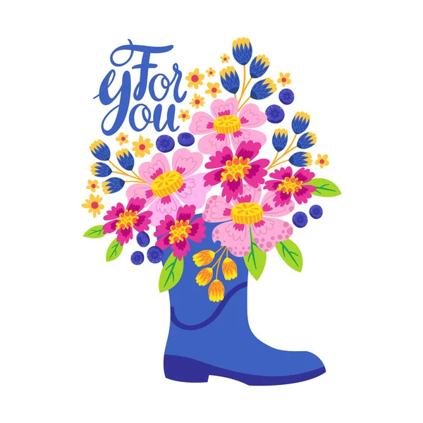 Ramo de flores rosadas en bota azul ilustración de dibujos animados . — Vector de stock