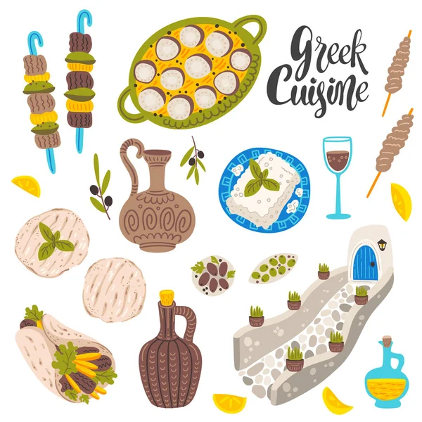 Set di illustrazioni vettoriali piatti della cucina greca. Alimenti — Vettoriale Stock