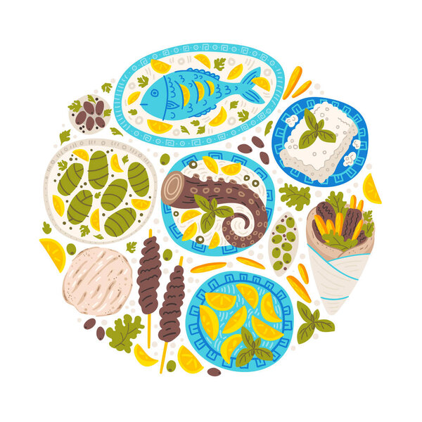 Greek cuisine flat vector illustrations set. Food