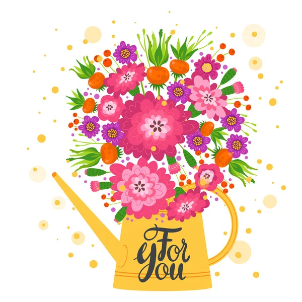 Para usted tarjeta postal vectorial plana, plantilla de tarjeta de felicitación. Ramo de flores en el regadío puede ilustración de dibujos animados. Fiesta de aniversario, invitación de celebración con banner de diseño floral con letras — Vector de stock