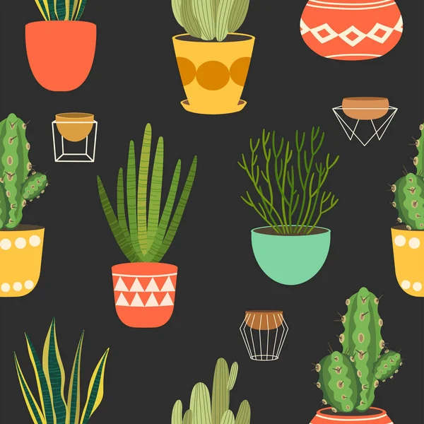 Houseplants pola mulus datar. Potted lezat dan kaktus latar belakang alam. Daun sansevieria, tekstur tanaman ular hias. Kertas bungkus botani, desain vektor wallpaper - Stok Vektor