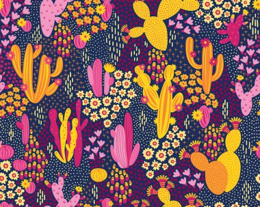 Siyah zemin üzerinde kaktüs olan kusursuz bir şekil. Yaz bitkileri, çiçekler ve yapraklar. Doğal parlak çiçekli tasarım. Botanik illüstrasyon.