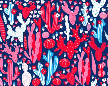 Lacivert arka planda kaktüs olan vektörsüz desen. Yaz bitkileri, çiçekler ve yapraklar. Doğal parlak çiçekli tasarım. Botanik illüstrasyon.