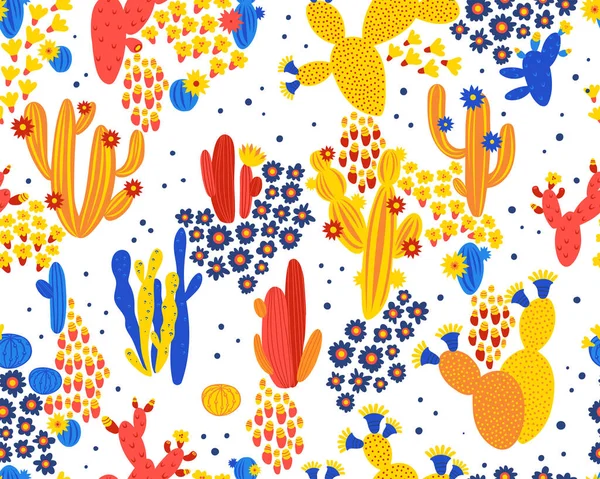 Vector seamless pattern with cactus on white background. Summer plants, flowers and leaves. Natural floral bright design. Botanical illustration. — Stock Vector