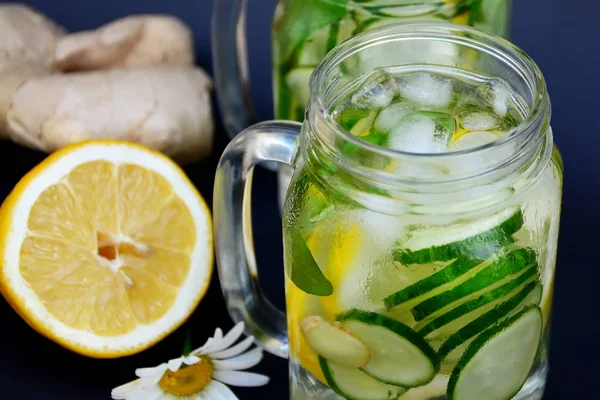 Refreshing drink of cucumber, lemon and ginger — Stock Photo, Image