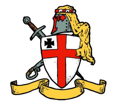 Silahları ve kurdelesi olan Tapınak kalkanı.