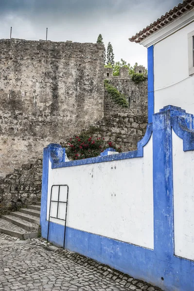 Portekiz, Obidos. Arnavut kaldırımlı taş sokakları, merdiven ve bir abundanc — Stok fotoğraf