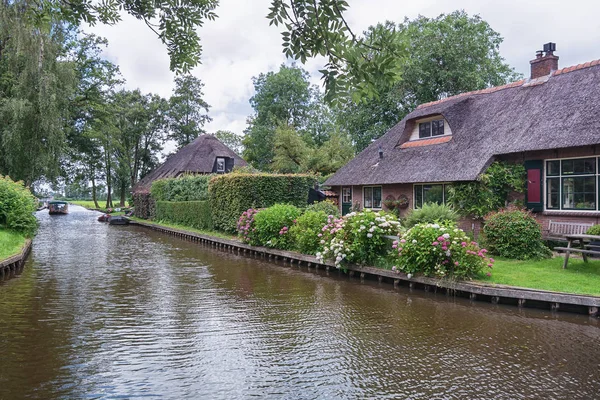 Uitzicht op een bloeiende tuin voor het huis. — Stockfoto