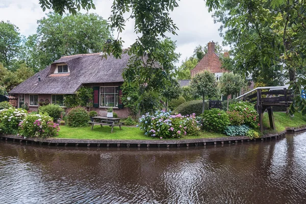 Uitzicht op een bloeiende tuin voor het huis. — Stockfoto