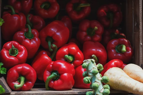 Красный перец в ящиках отображается на фестивале продуктов питания . — стоковое фото