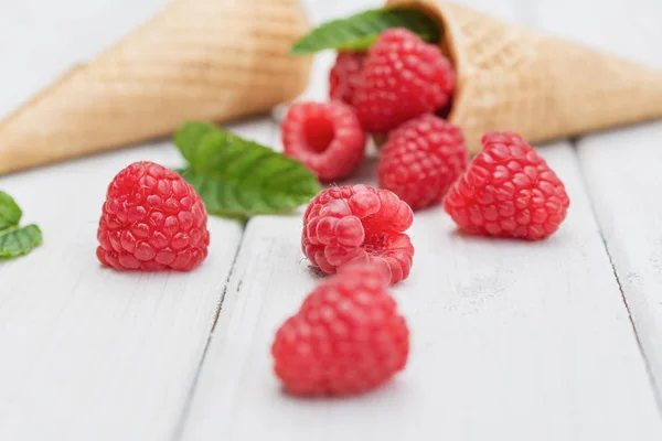 Kegels, frambozen en een takje munt verspreiding over een wit tafelblad Stockafbeelding