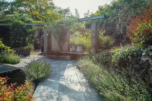 Schöner Garten Mit Teich Der Herbstsonne — Stockfoto