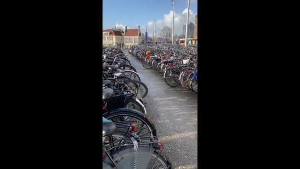 荷兰阿姆斯特丹 2020年1月18日 自行车停放在阿姆斯特丹中央车站前 — 图库视频影像