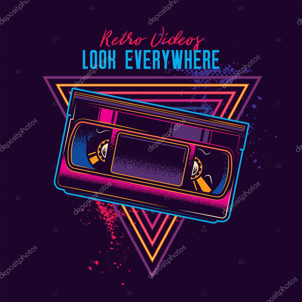 Vintage videotape with magnetic tape in neon style. Original vector illustration.