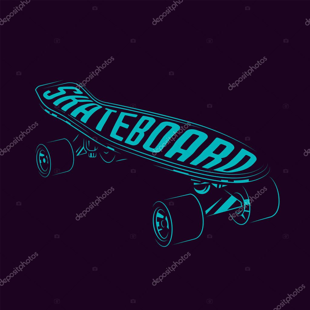 Bright neon skateboard. Vector illustration. T-shirt design