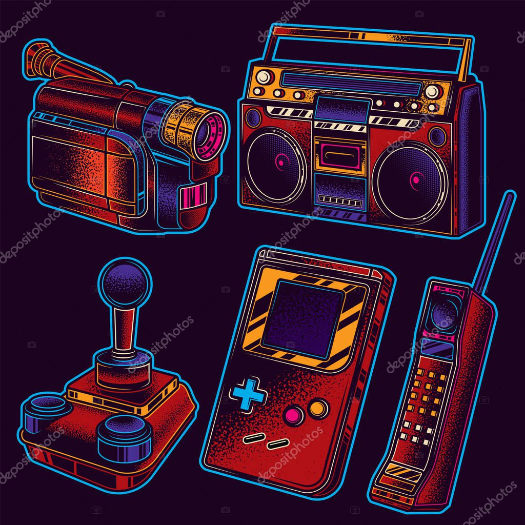 Original vector set of neon vintage retro illustrations of 80s and 90s.