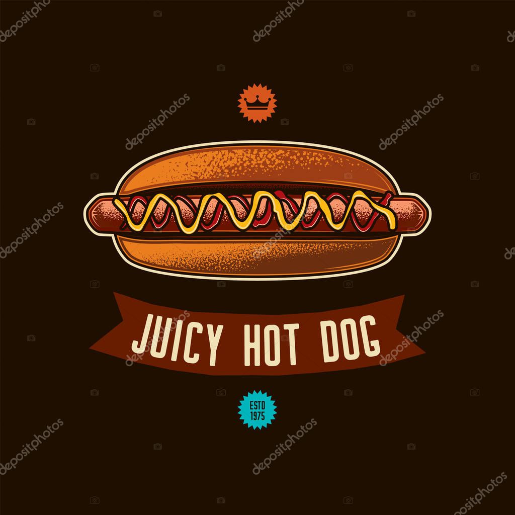 The original vector emblem fast food establishments. Hot dog with sausage and gravy.